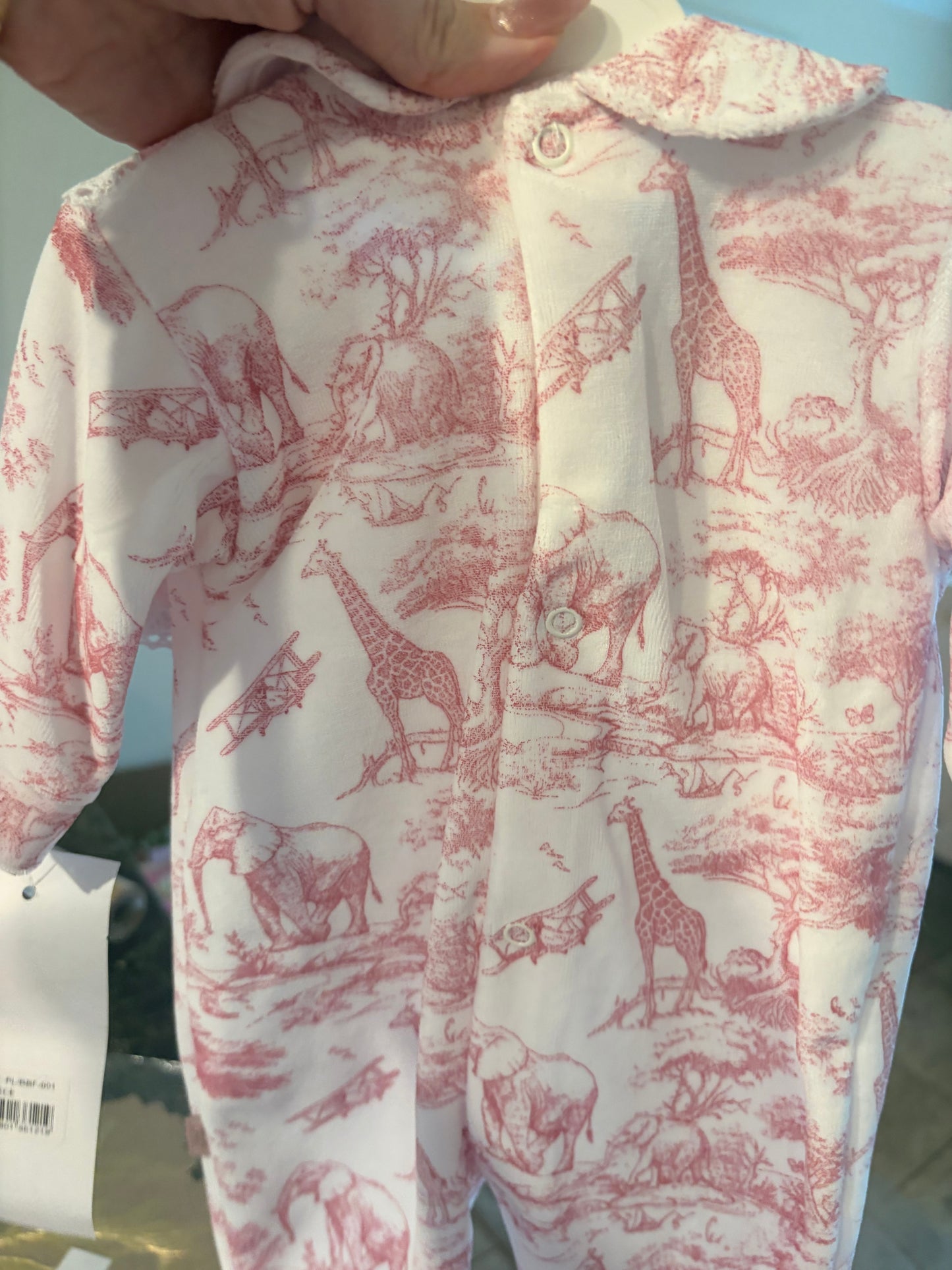 Luxury Velour Baby Grow – Pink Toile Print | 1–12 Months