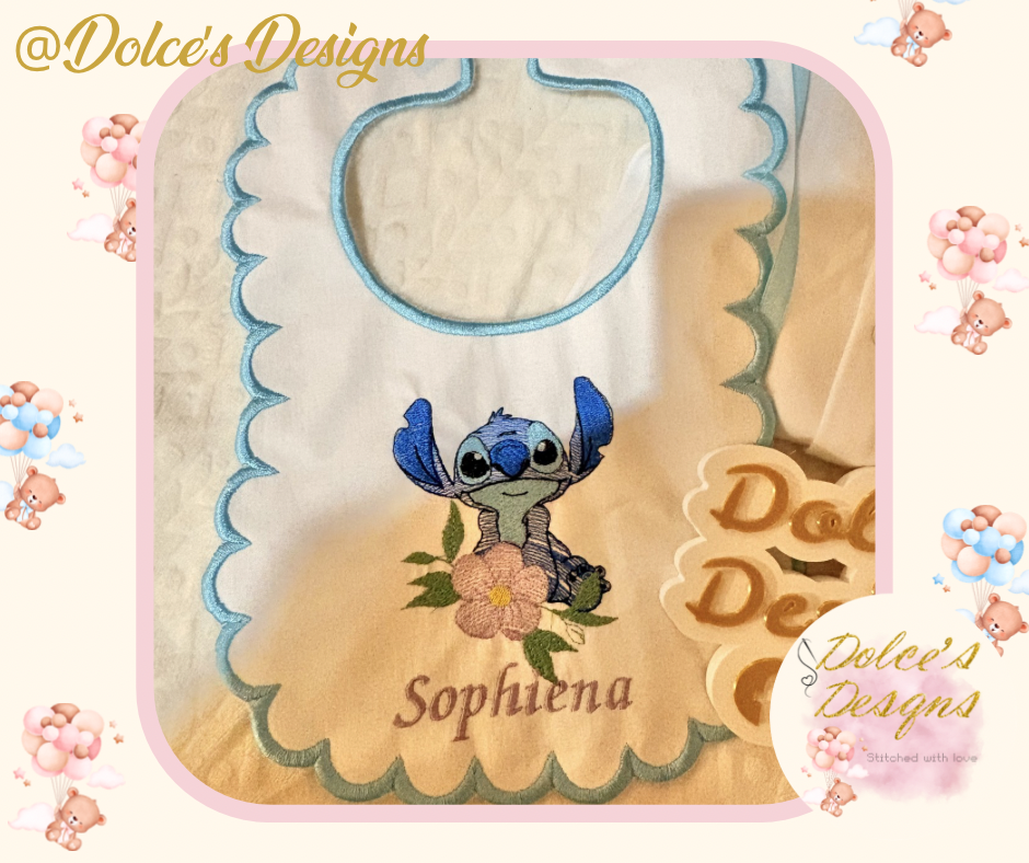 💙 Personalised Stitch 2 Piece Baby Set | Embroidered Babygrow & Bib