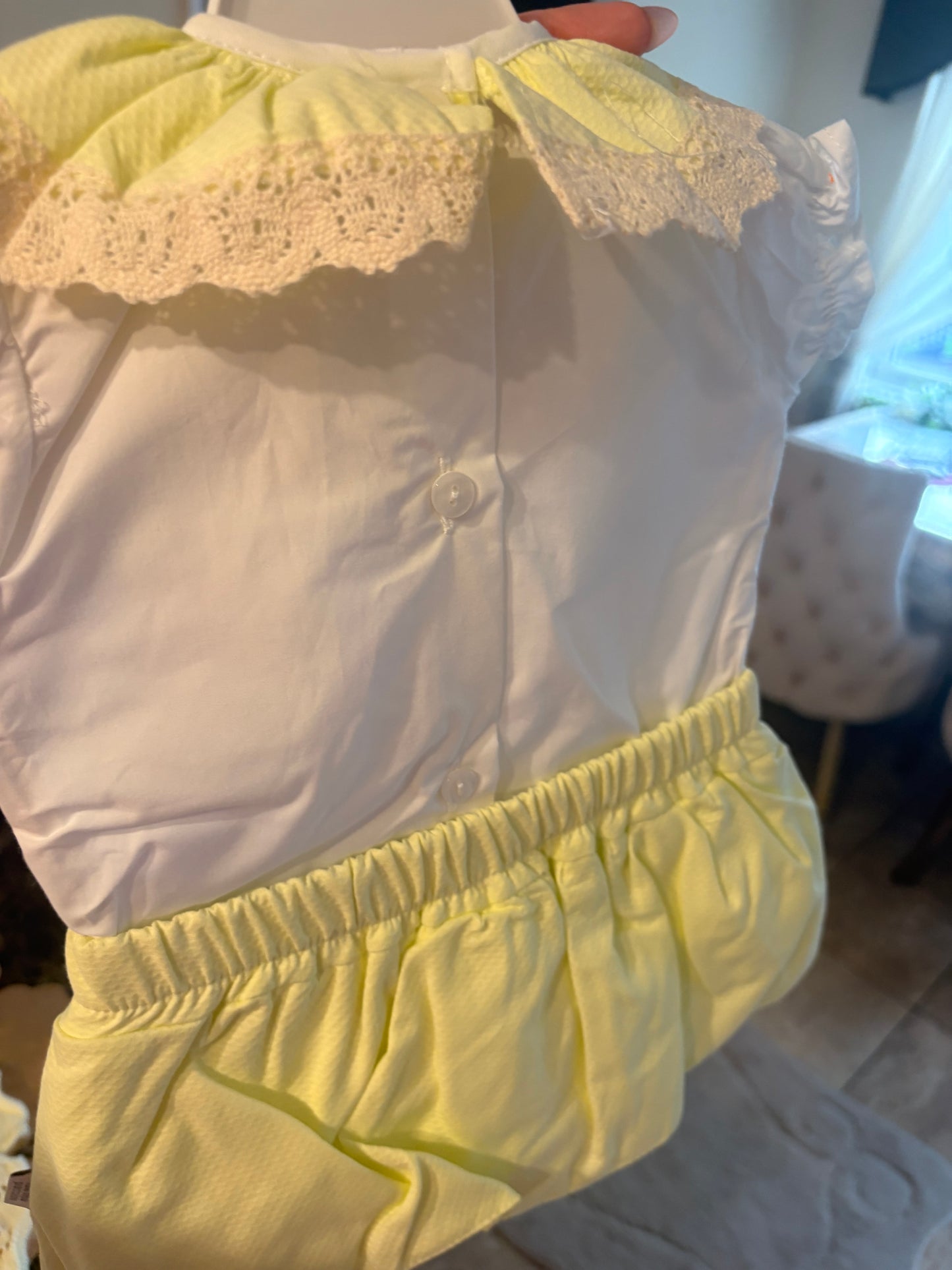 Spanish Boutique 3-Piece Baby Set – Lemon Lace Top, Bloomers & Cardigan
