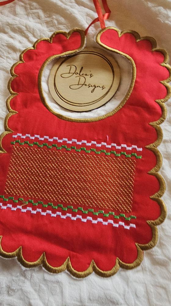 Christmas Red & Gold Smocked Bib