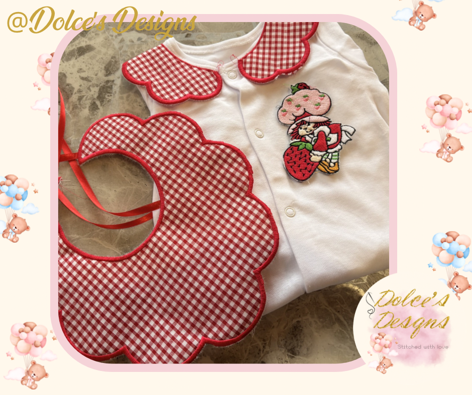 Strawberry Shortcake 2 Piece Baby Set – Gingham Scallop Bib & Embroidered Babygrow