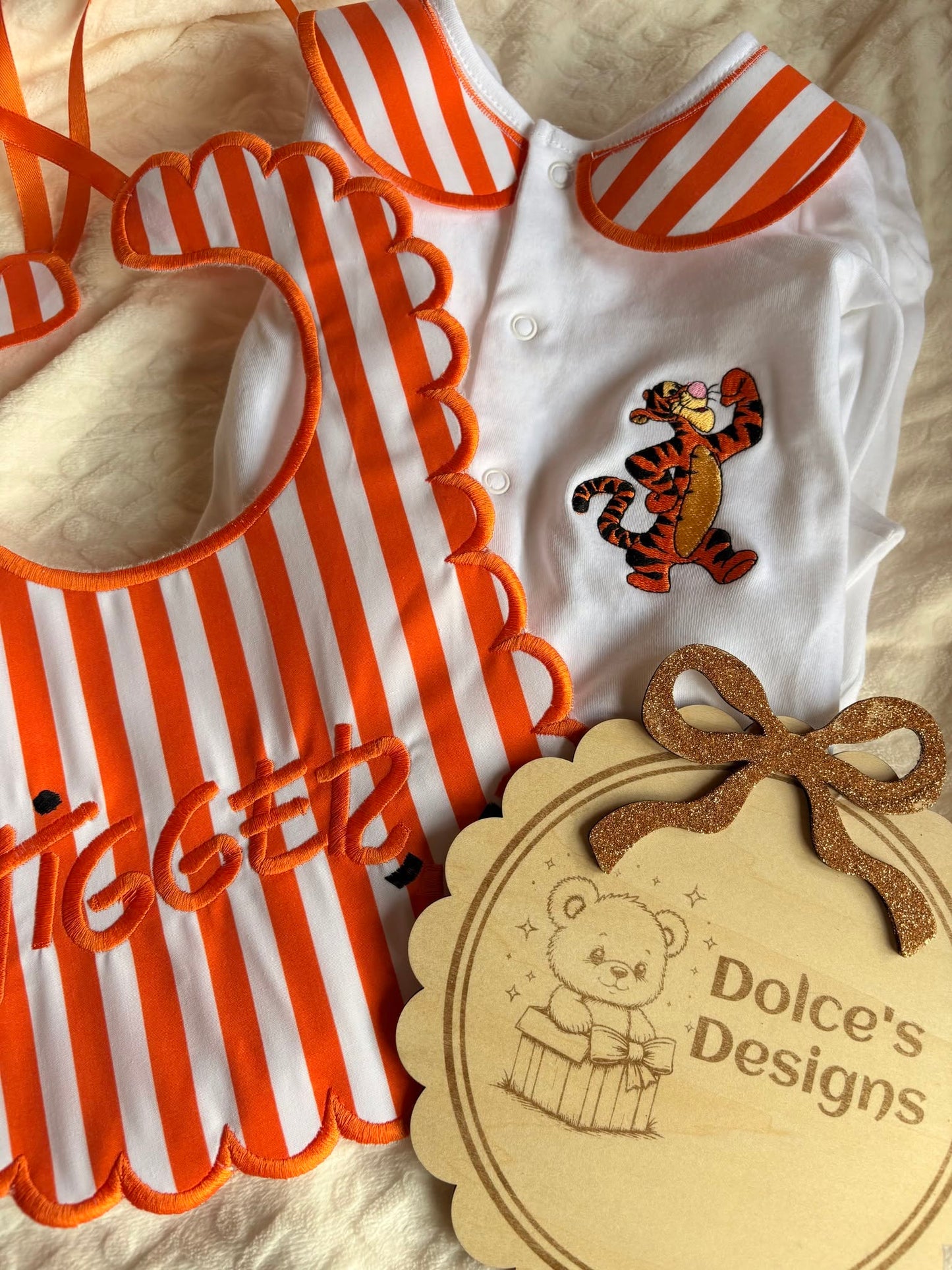 Tigger Personalised 2 Piece Baby Set – Embroidered Babygrow & Handmade Bib | Newborn to 12-18 Months