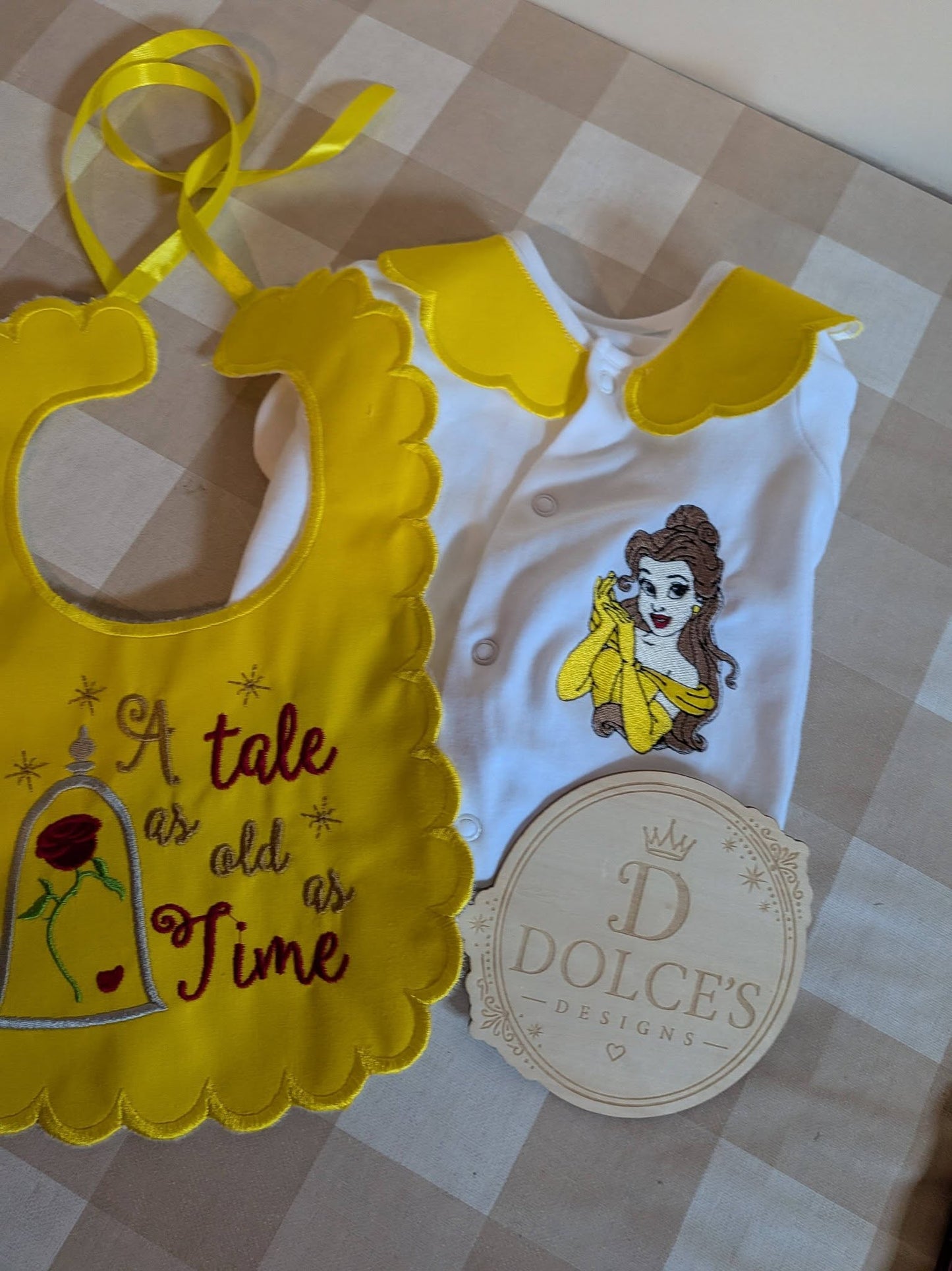 Princess Belle Personalised Baby Set – Babygrow & Handmade Bib