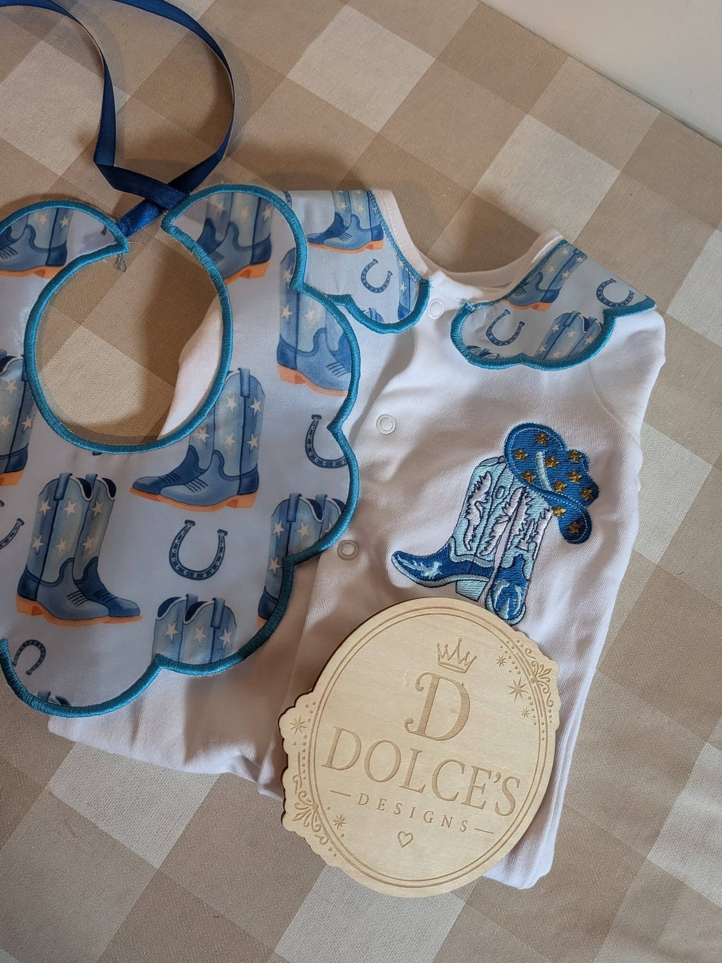 Personalised Cowboy Boots Baby Set – Embroidered Babygrow & Handmade Bib