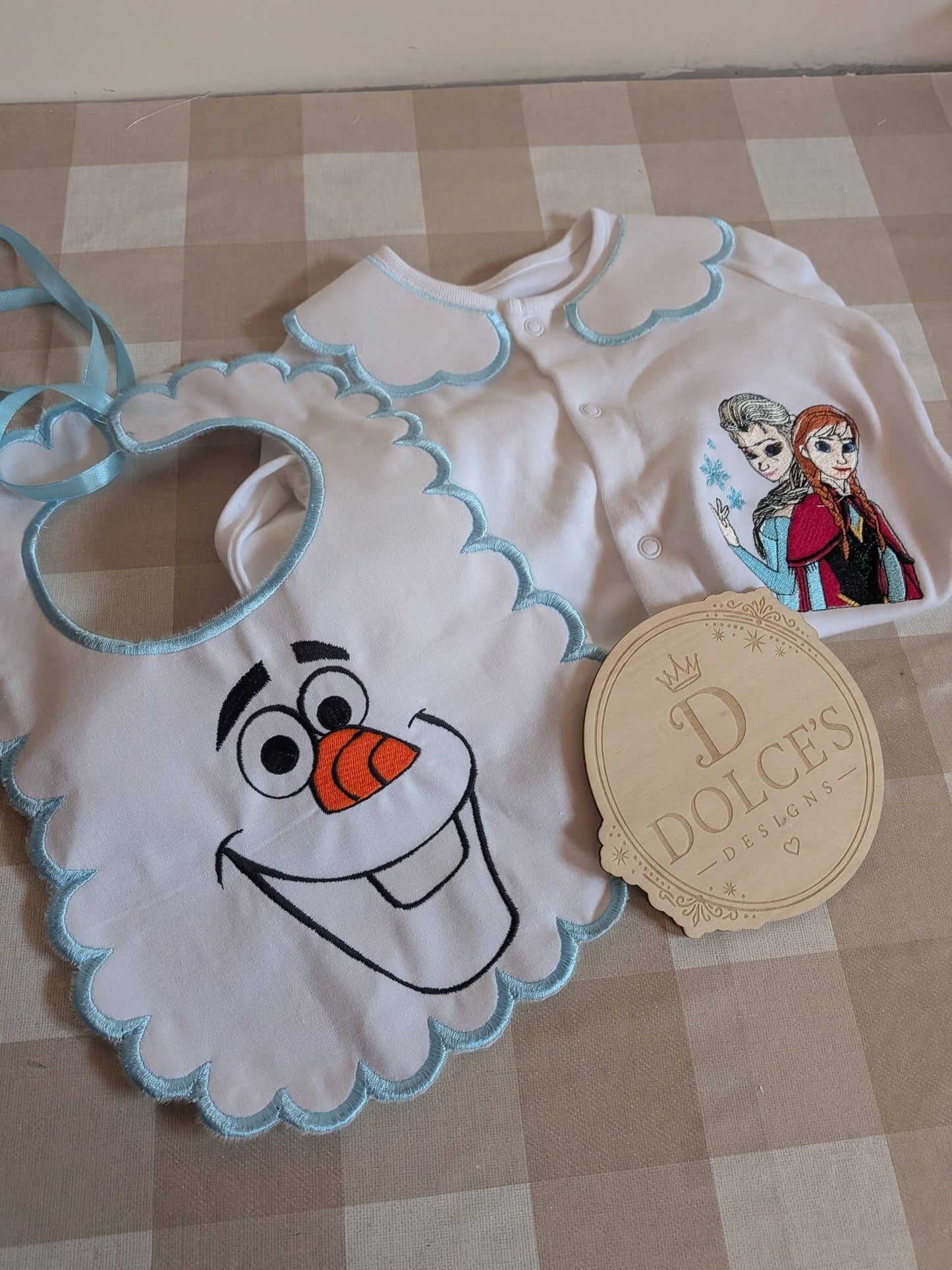Personalised Frozen Inspired Baby Set | Embroidered Babygrow & Handmade Scalloped Bib
