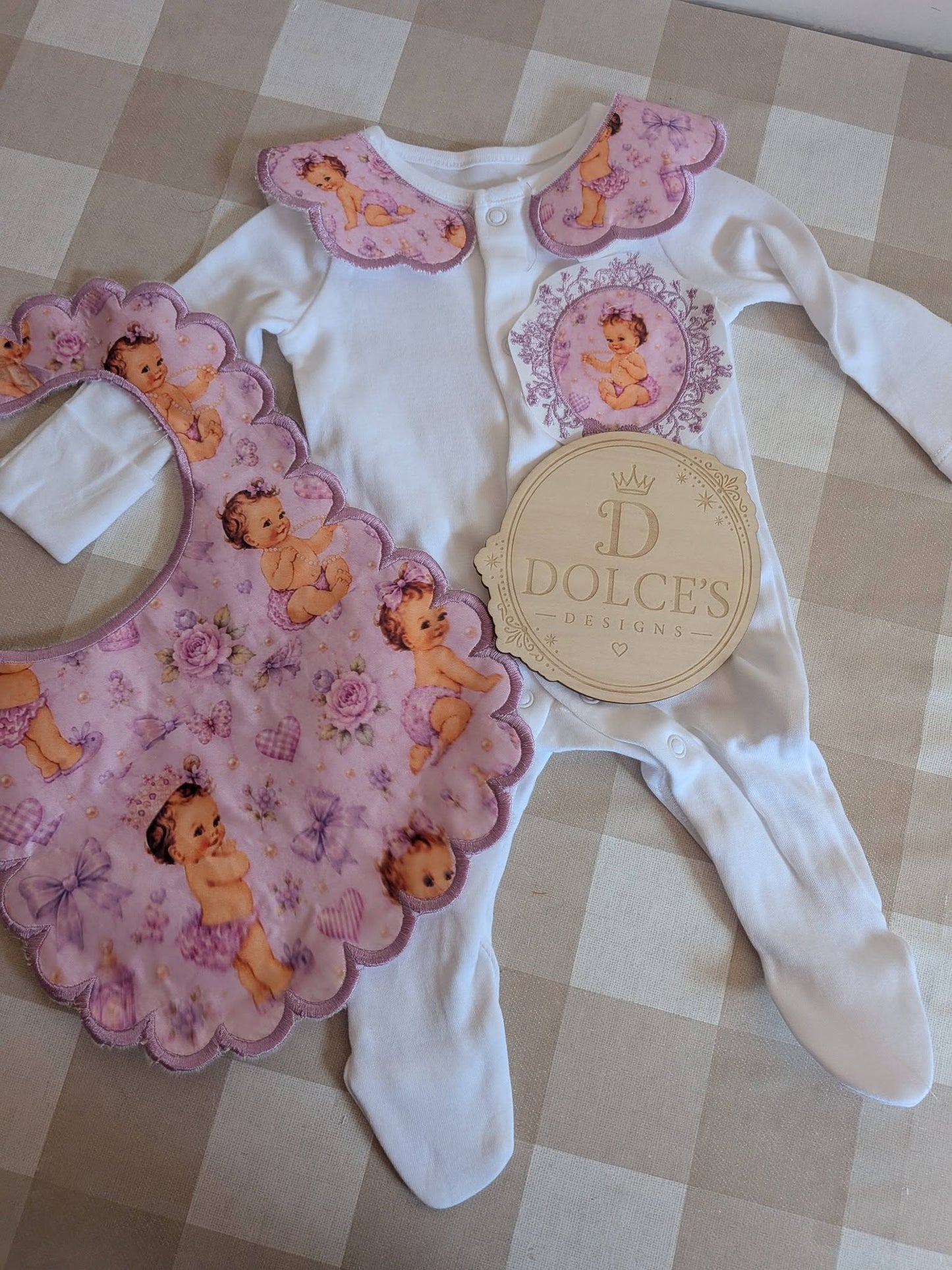 Personalised Lilac Baby Girl Set | Embroidered Babygrow & Handmade Scalloped Bib