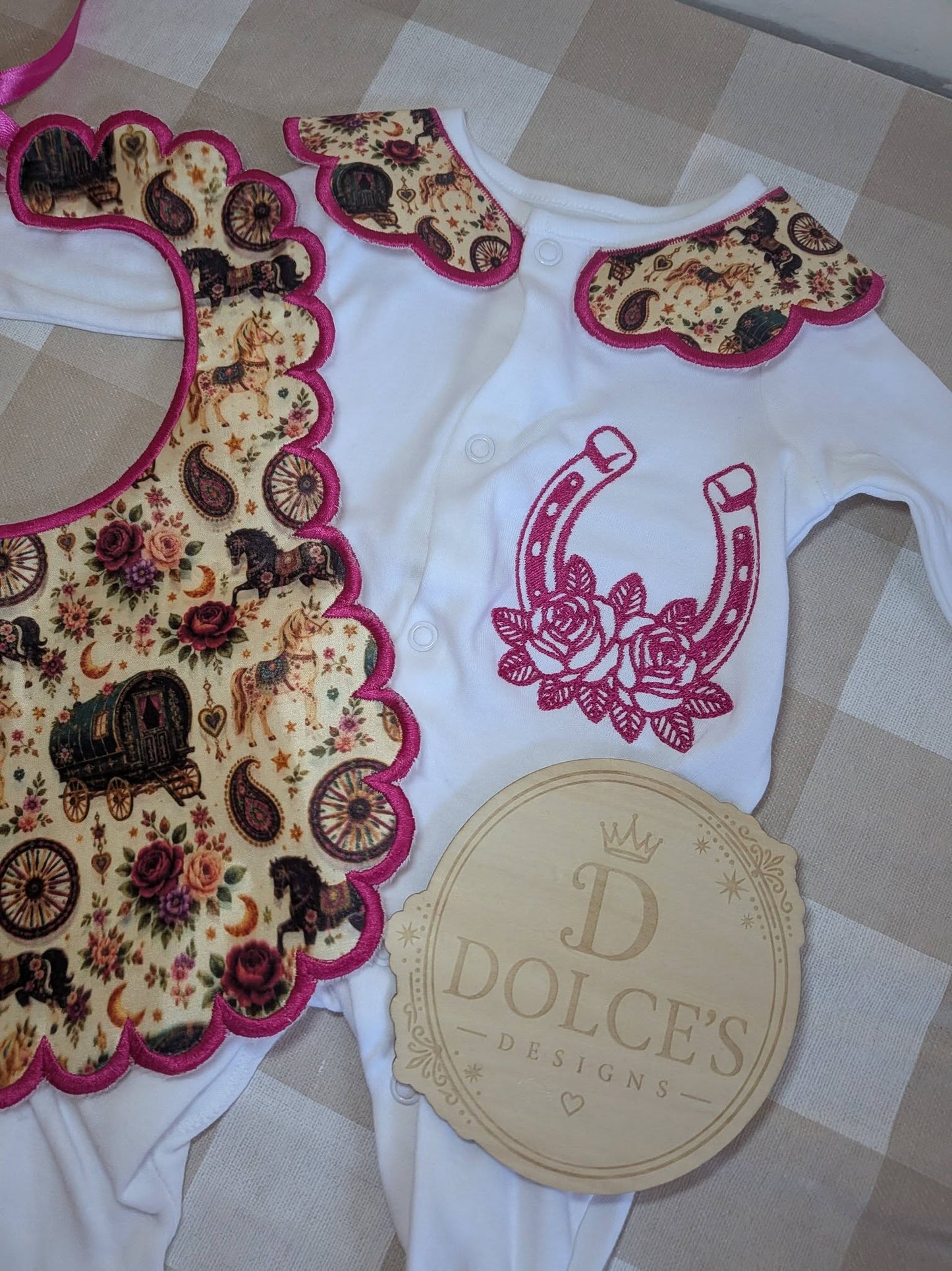 Personalised Romany Gypsy Traveller Wagon Baby Girl Set | Embroidered Babygrow & Handmade Bib