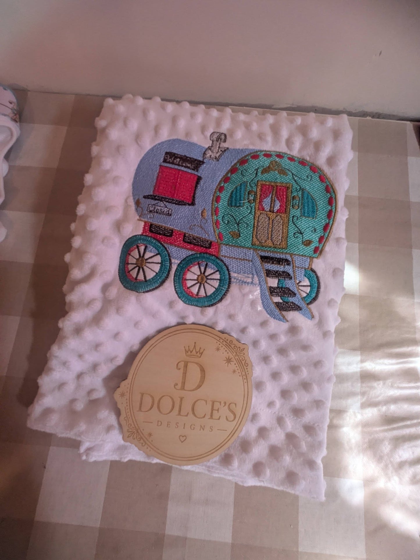 Luxury Gypsy Wagon Embroidered Baby Blanket | Soft White Minky Pram Blanket | Personalised Baby Blanket | New Baby Gift