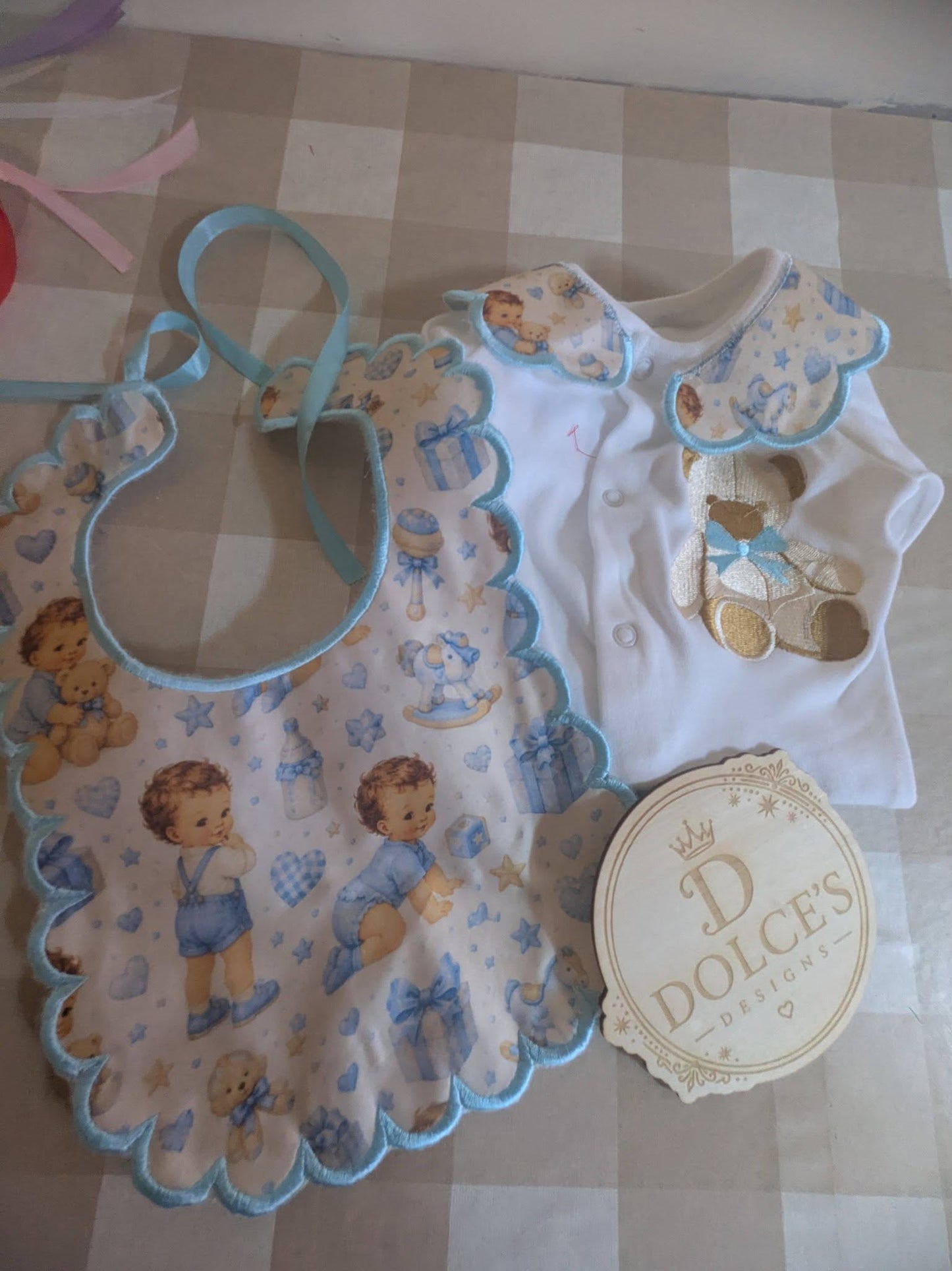 Luxury Blue Teddy Bear Baby Gift Set | Embroidered Peter Pan Collar Babygrow & Matching Bib | Boutique Baby Boy Outfit | Personalised