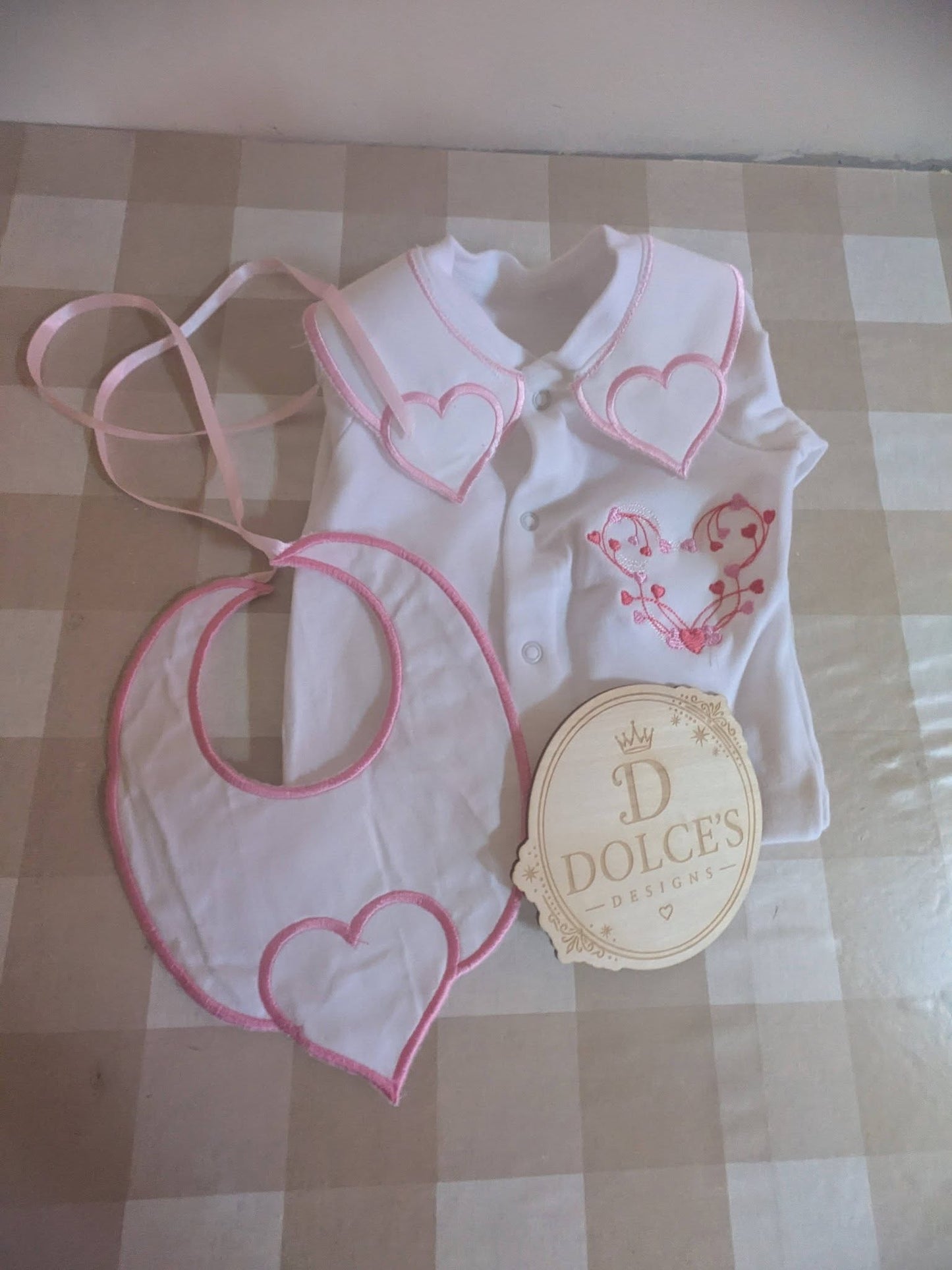 Luxury Love Heart Baby Gift Set | Embroidered Peter Pan Collar Babygrow & Matching Bib | Boutique Baby Girl Outfit | Personalised