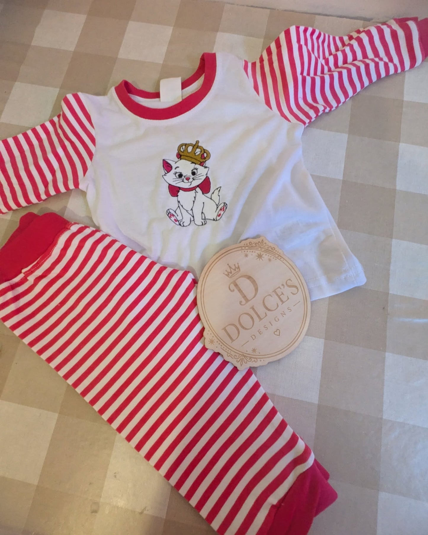 Marie Inspired Girls Pyjamas โ Hot Pink & White Striped Embroidered PJs