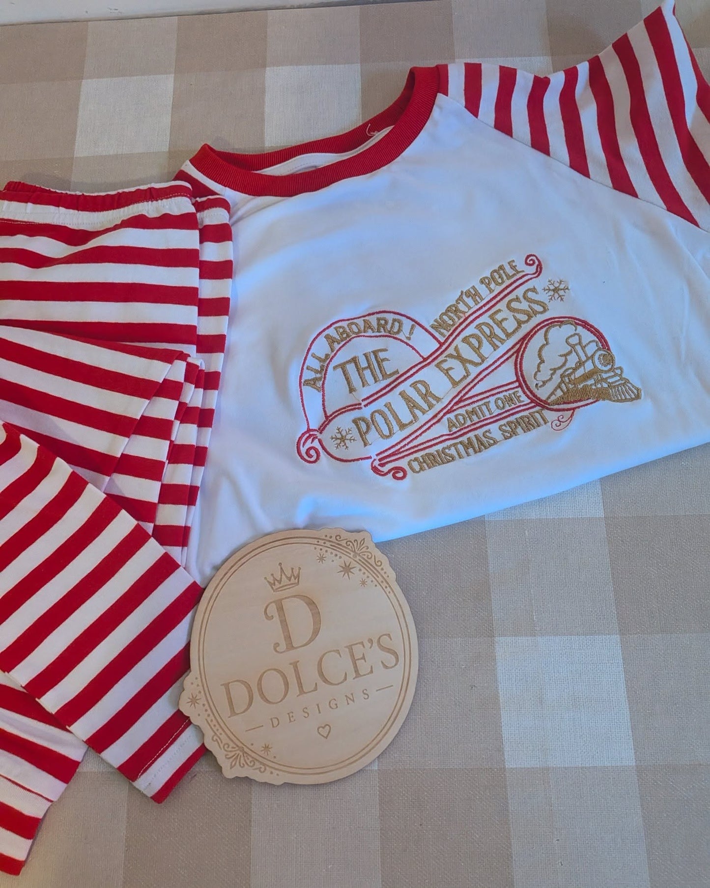 Polar Express Inspired Christmas Pyjamas โ Red & White Striped Kids PJs