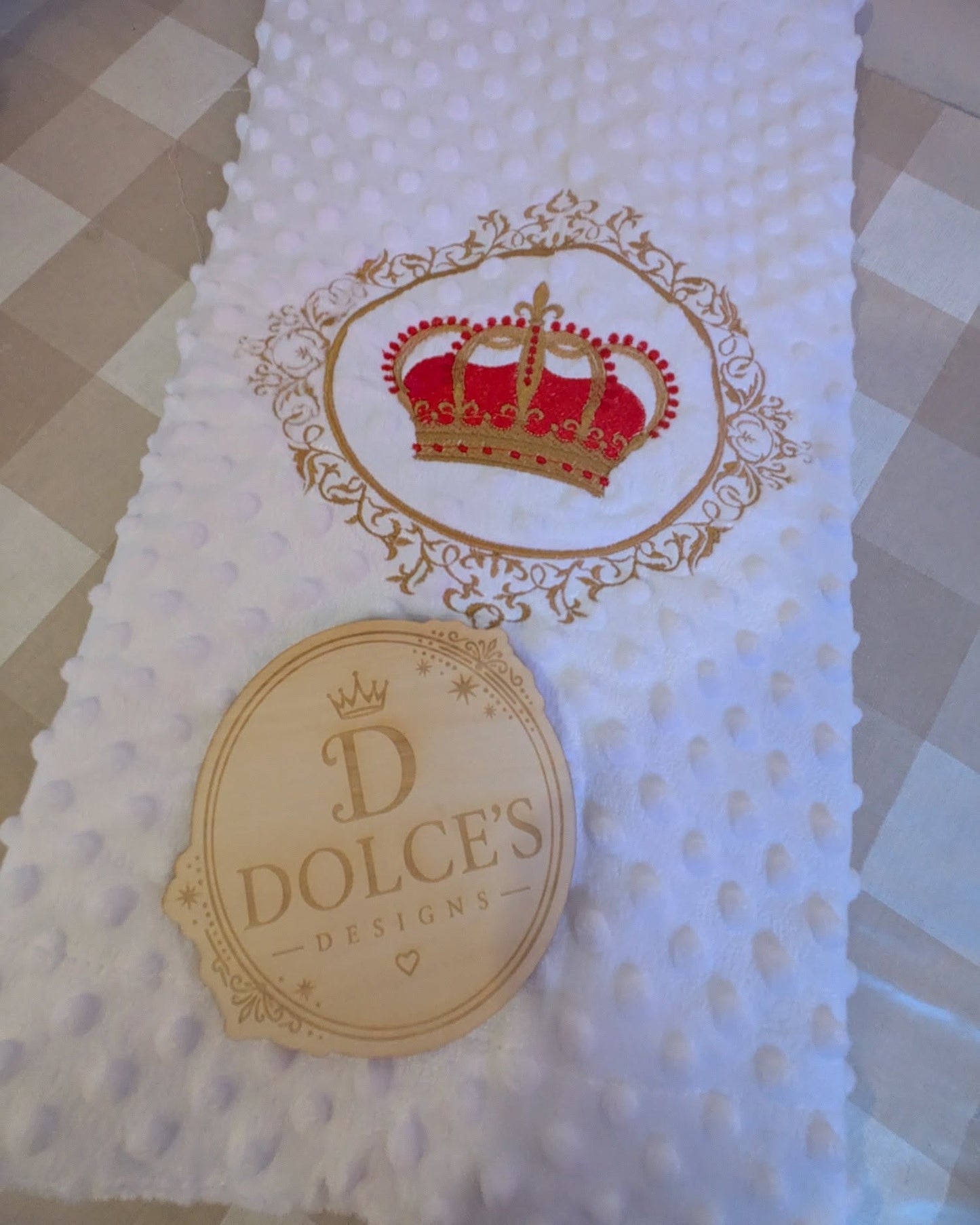 Crown Baby Blanket – White Embroidered Red & Gold Design