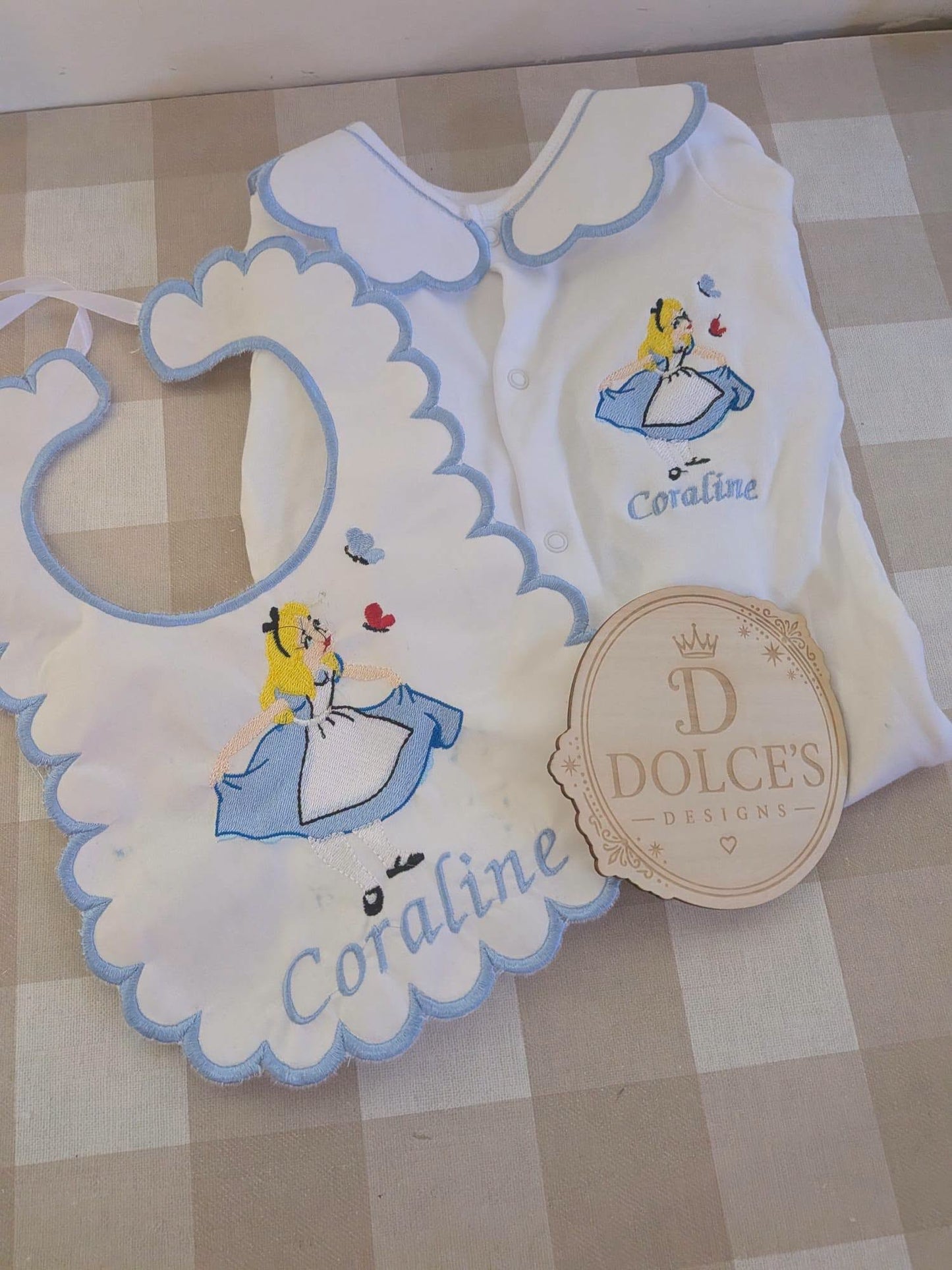 Personalised Alice in Wonderland Baby Set – Embroidered Babygrow & Bib