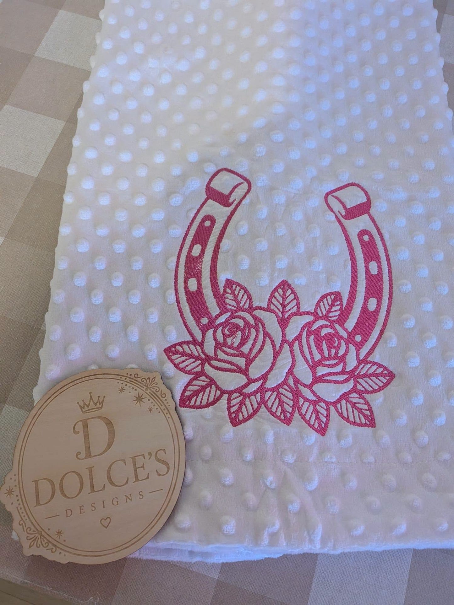 Horseshoe & Roses Baby Blanket – Pink Embroidered Design