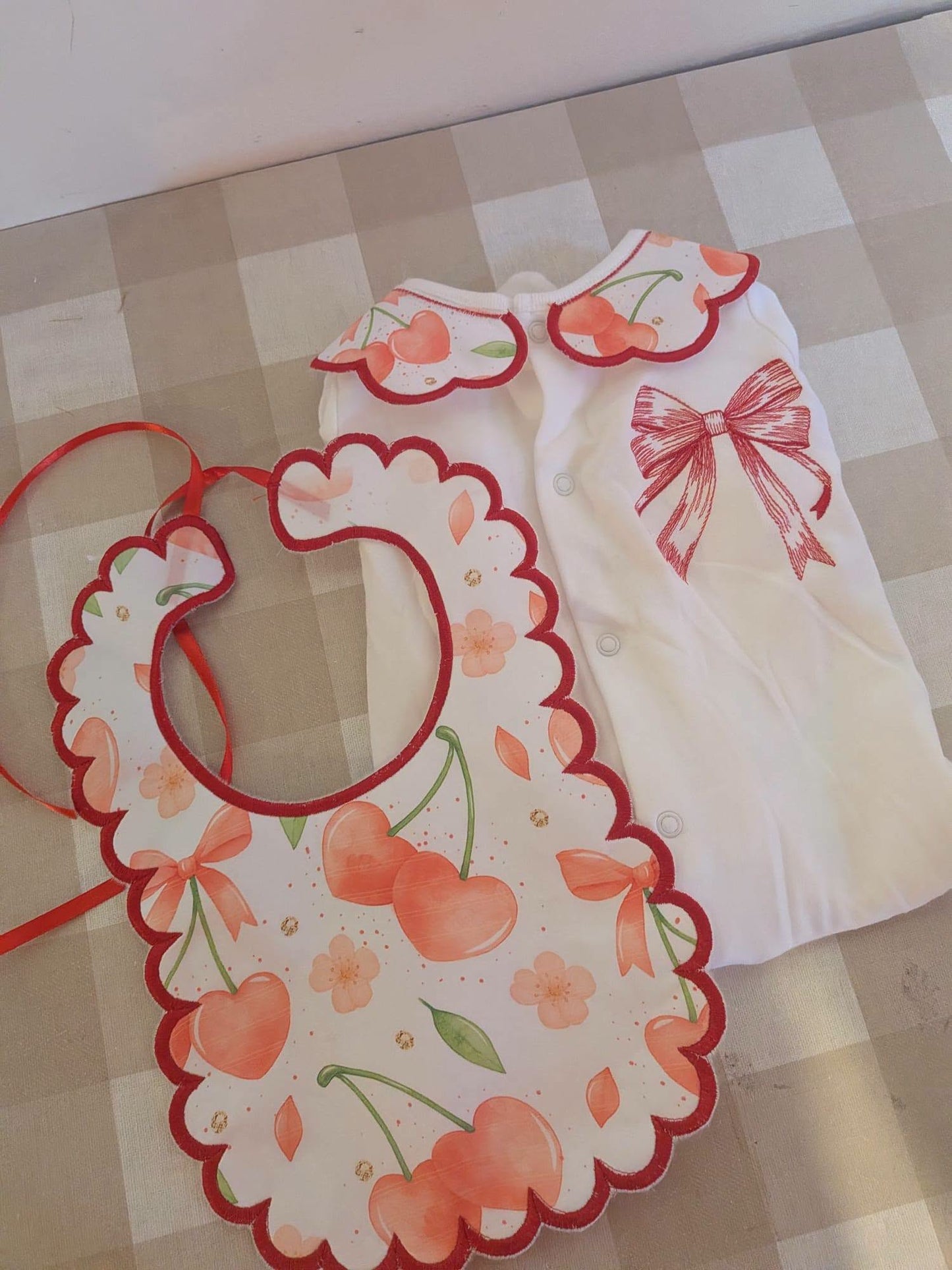 Cherry Bow Baby 2 Piece Set โ Embroidered Babygrow & Bib