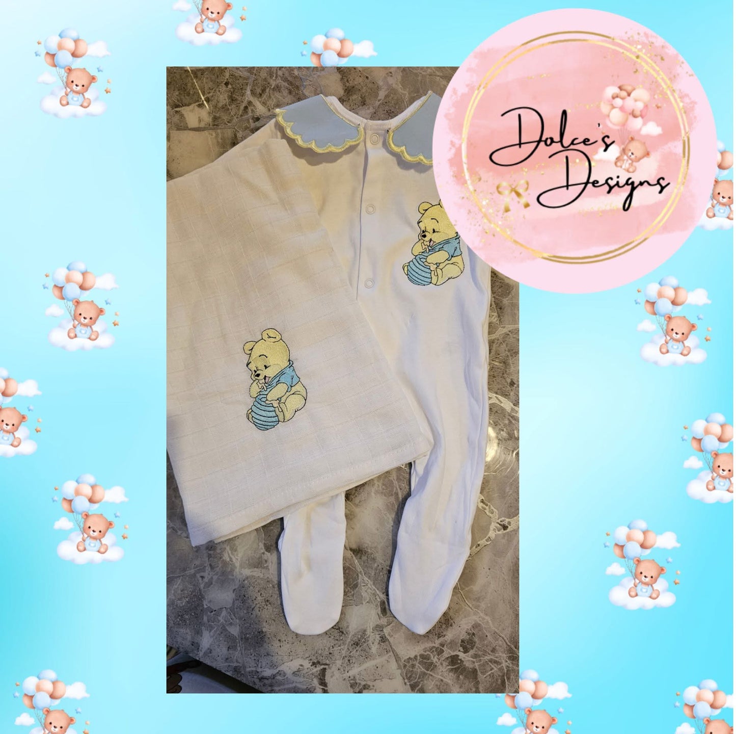 Winnie the Pooh Babygrow & Muslin Set Baby Blue