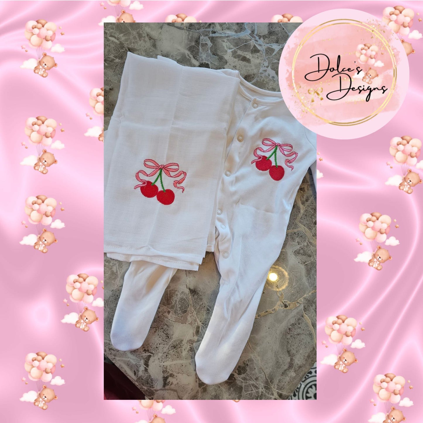 Cherry Babygrow & Muslin Set