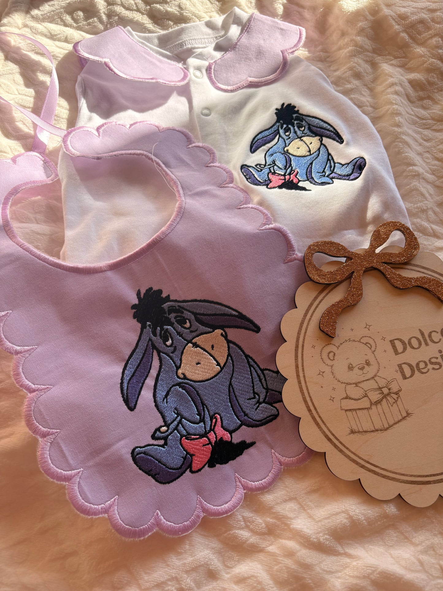 Personalised Eeyore Baby Set Embroidered Babygrow & Bib – Lilac