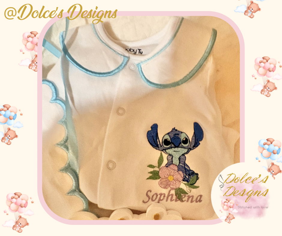 💙 Personalised Stitch 2 Piece Baby Set | Embroidered Babygrow & Bib