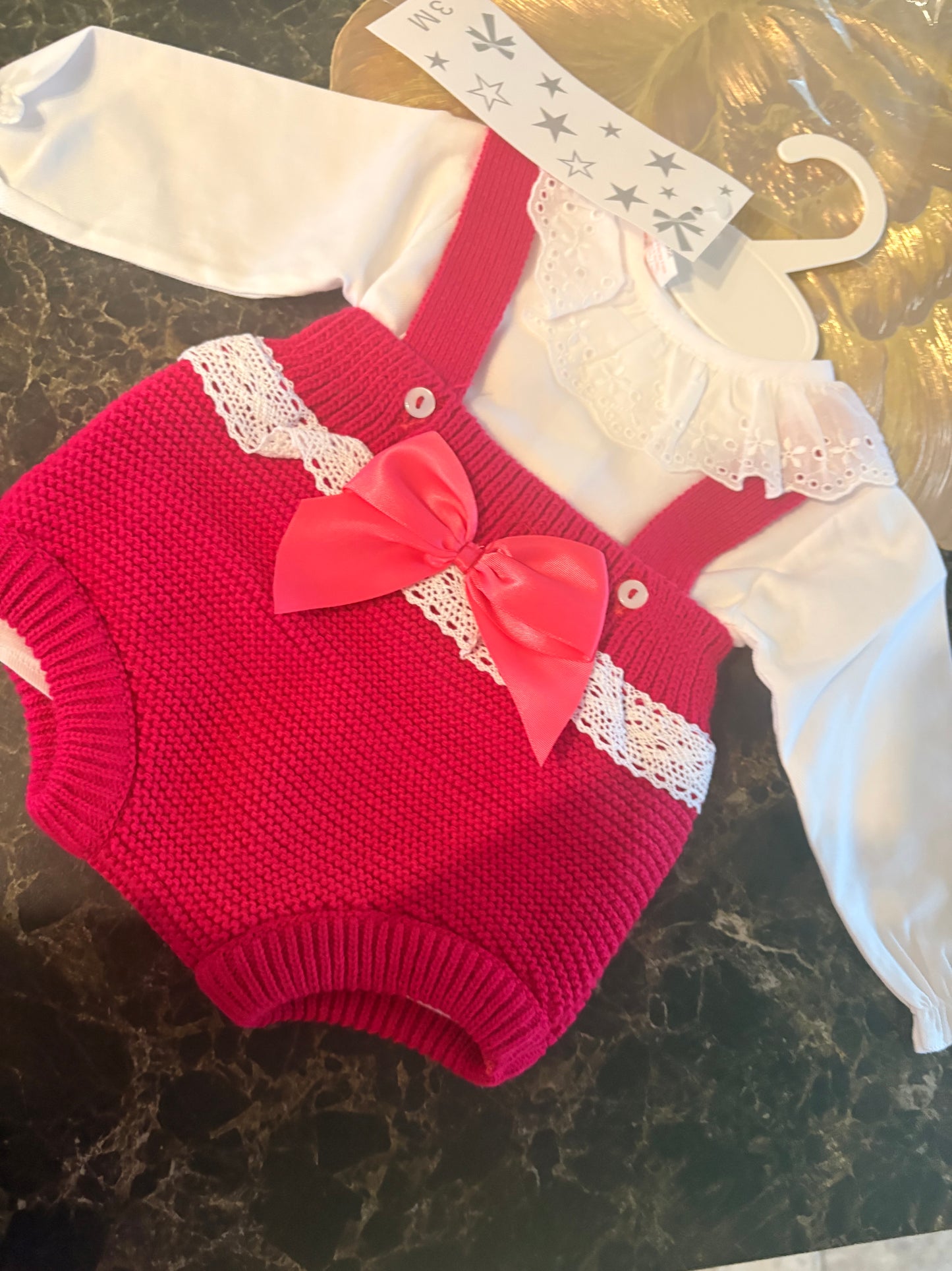 Spanish Knitted Baby Set – Pink Knit Pinafore & Lace Collar Top | 3–24 Months