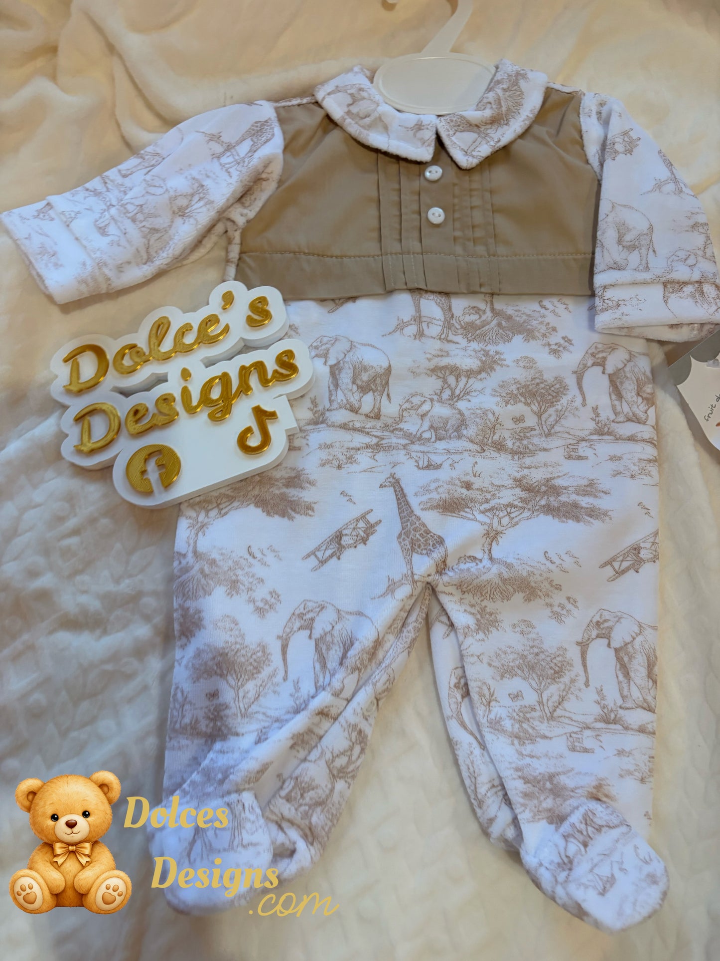 🤎 Beige Safari Toile Babygrow with Panel Detail