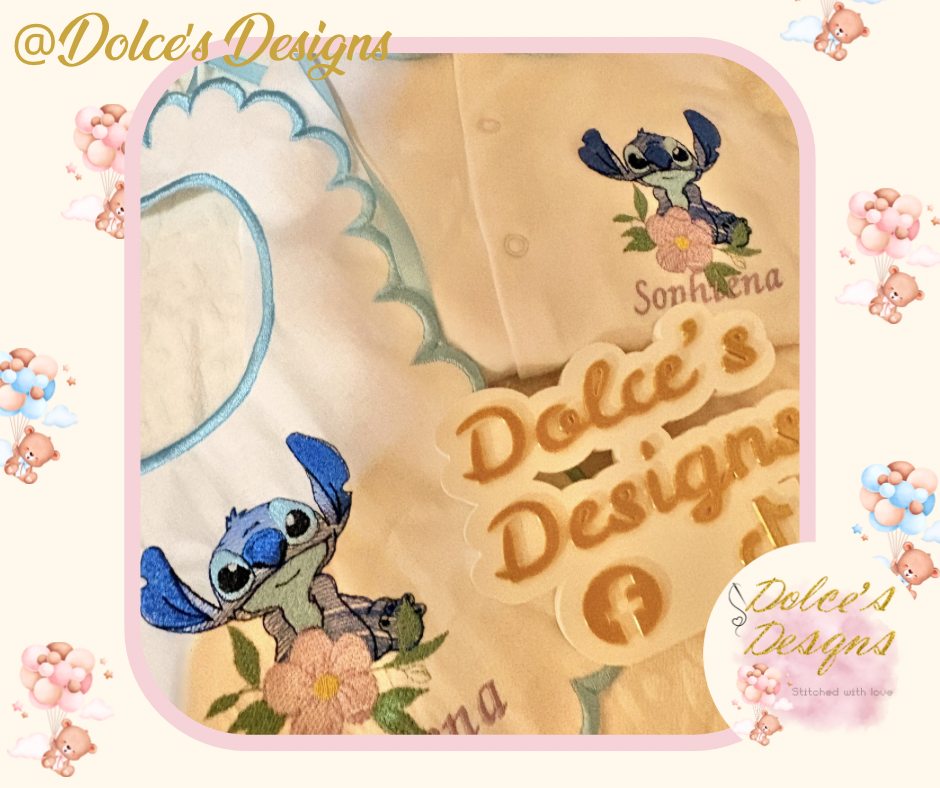 💙 Personalised Stitch 2 Piece Baby Set | Embroidered Babygrow & Bib