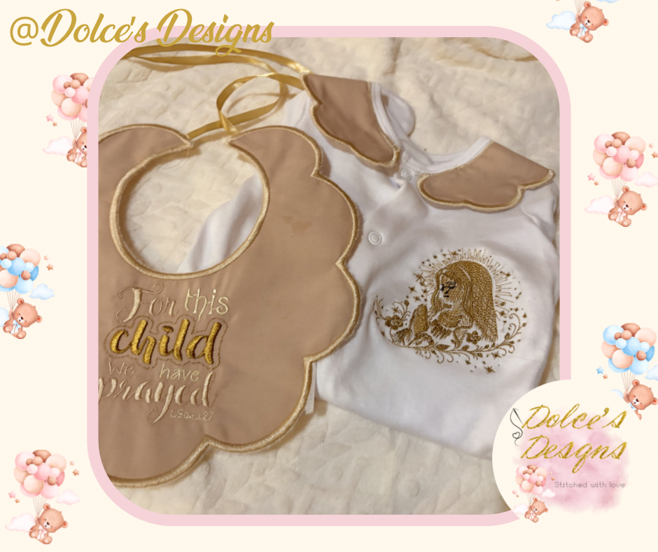 🤍 “For This Child We Have Prayed” 2 Piece Baby Set | Embroidered Babygrow & Bib