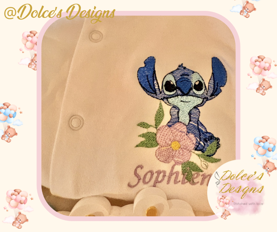 💙 Personalised Stitch 2 Piece Baby Set | Embroidered Babygrow & Bib