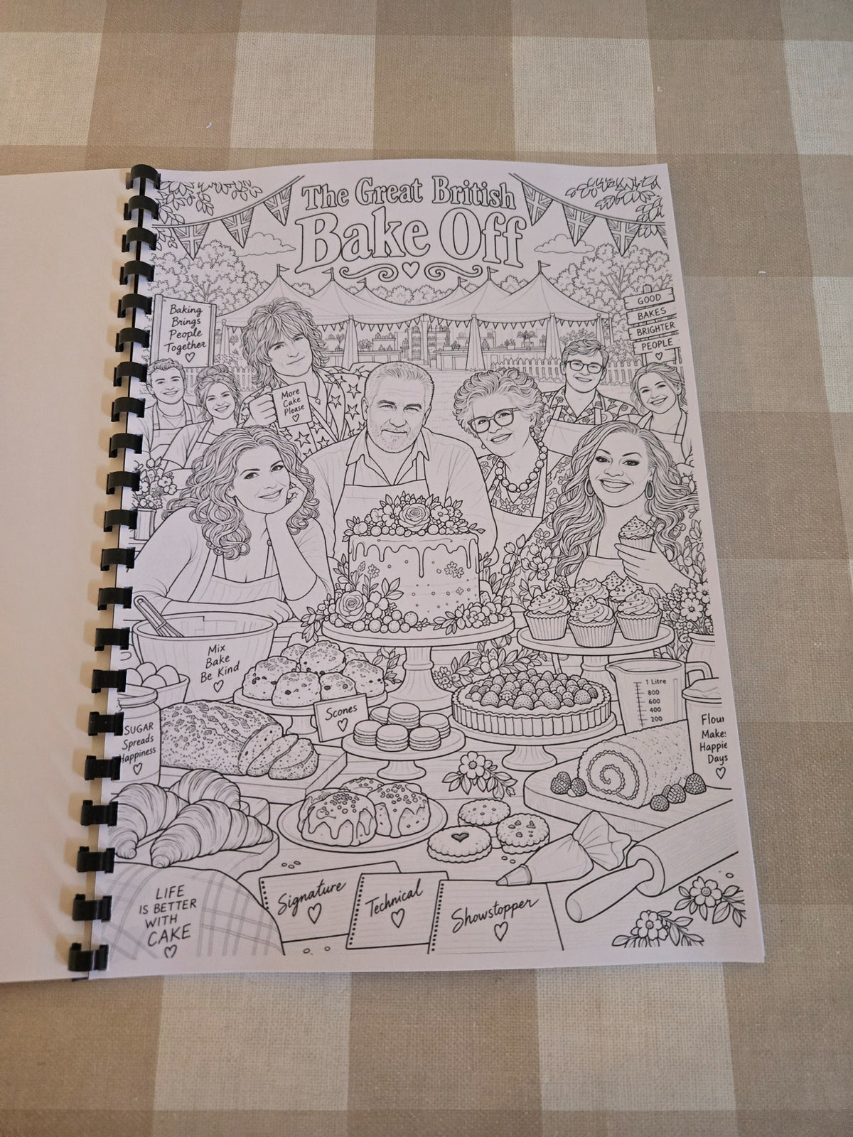 Great British Bake Off colouring book inside page with bakers and cakes