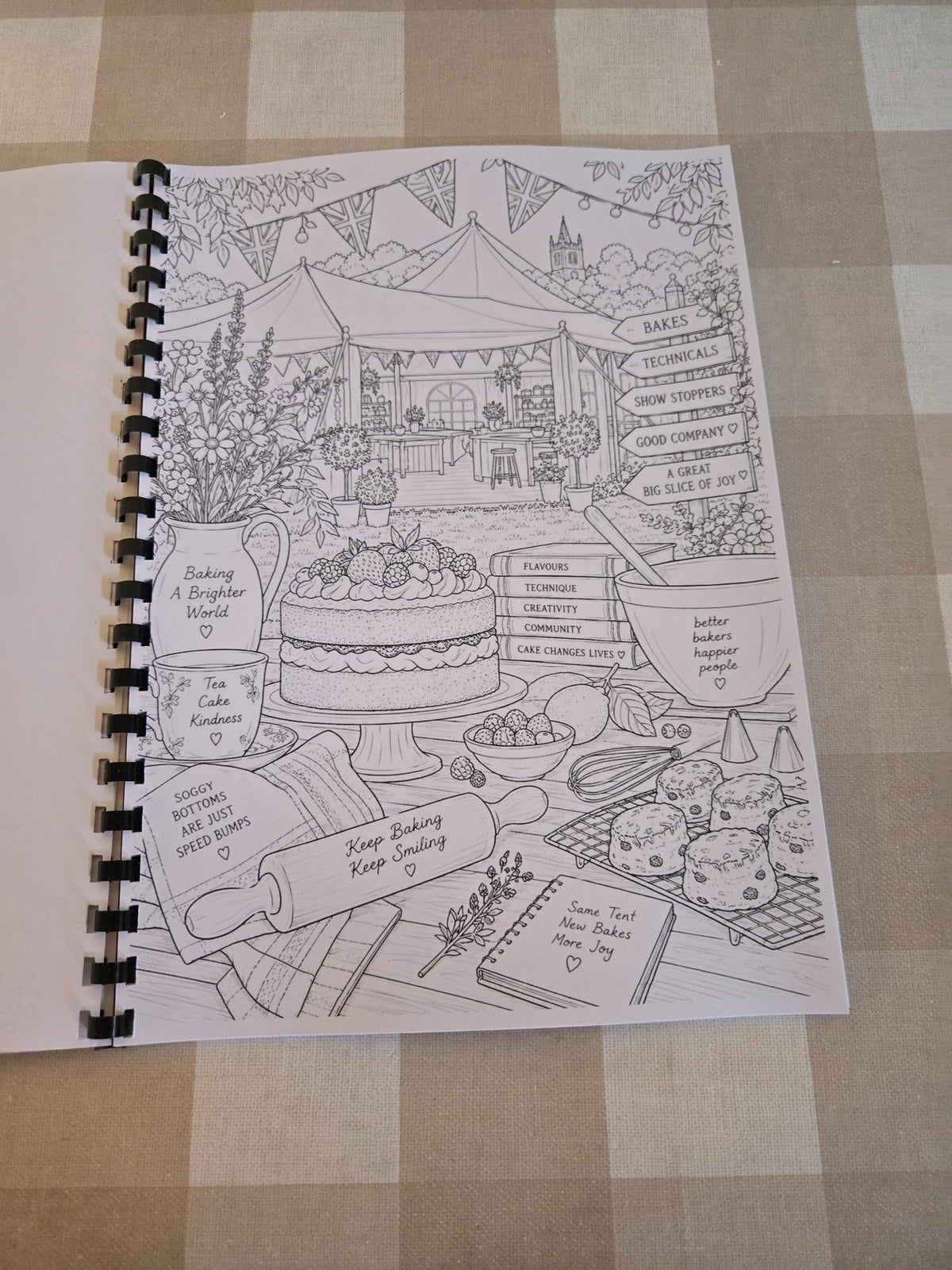 Great British Bake Off colouring book tent and baking scene