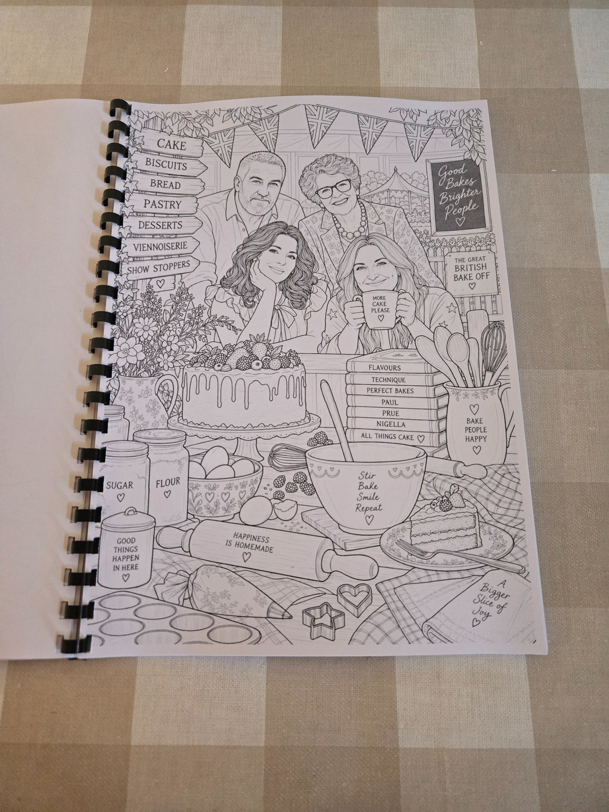 Great British Bake Off colouring book inside page with judges and cake
