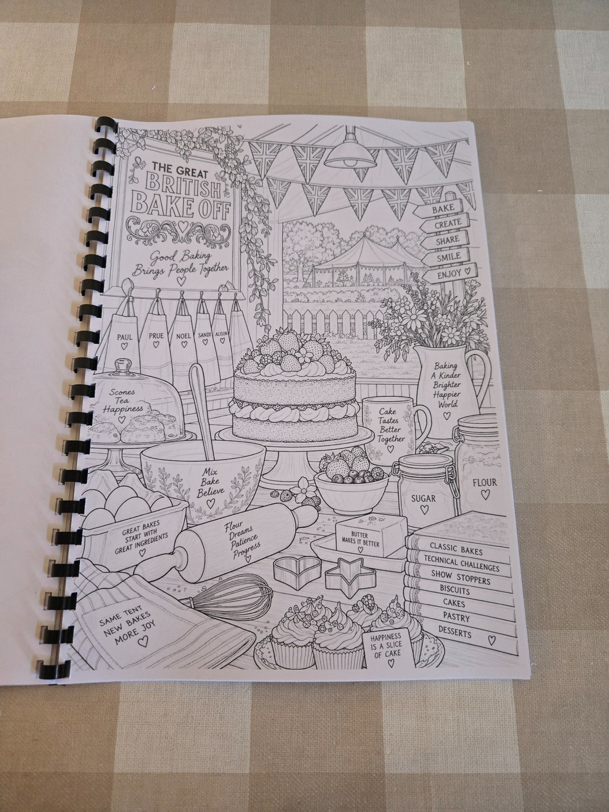 Great British Bake Off colouring book baking tent scene