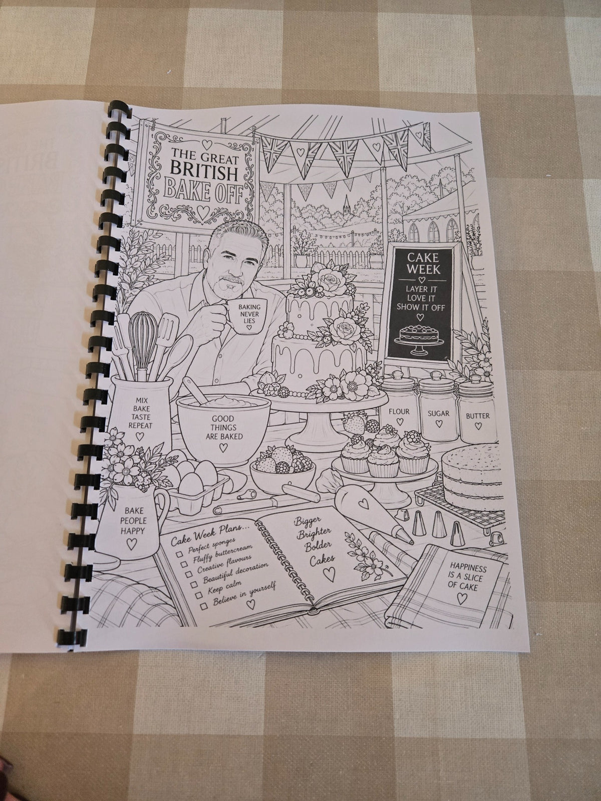 Great British Bake Off colouring page with Paul Hollywood and cakes