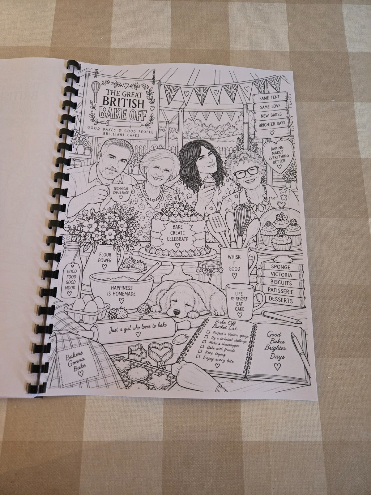 Great British Bake Off colouring page with bakers and showstopper cake