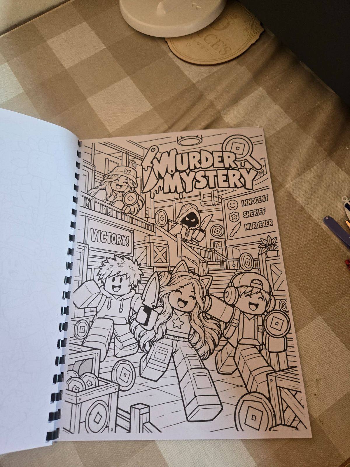 Roblox colouring book inside page murder mystery game scene