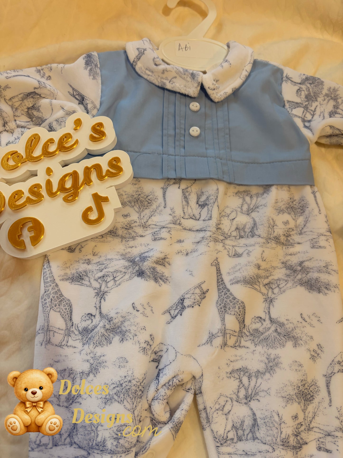 💙 Boys Safari Toile Babygrow with Blue Panel