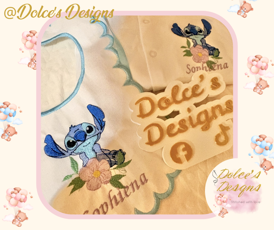 💙 Personalised Stitch 2 Piece Baby Set | Embroidered Babygrow & Bib