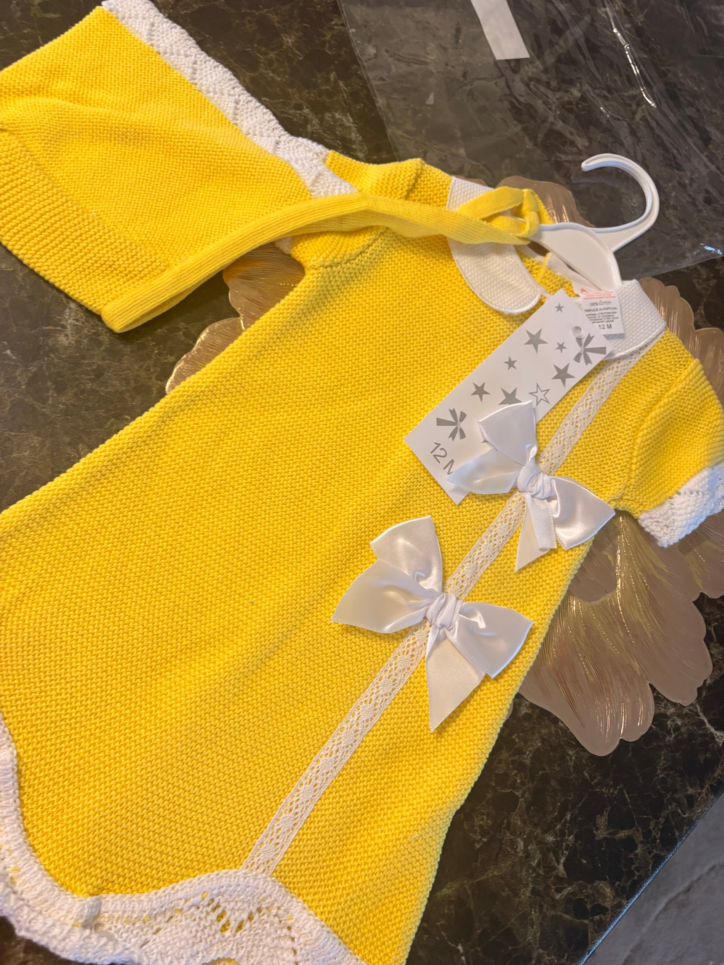 Spanish Knitted Dress & Bonnet Set – Sunshine Yellow