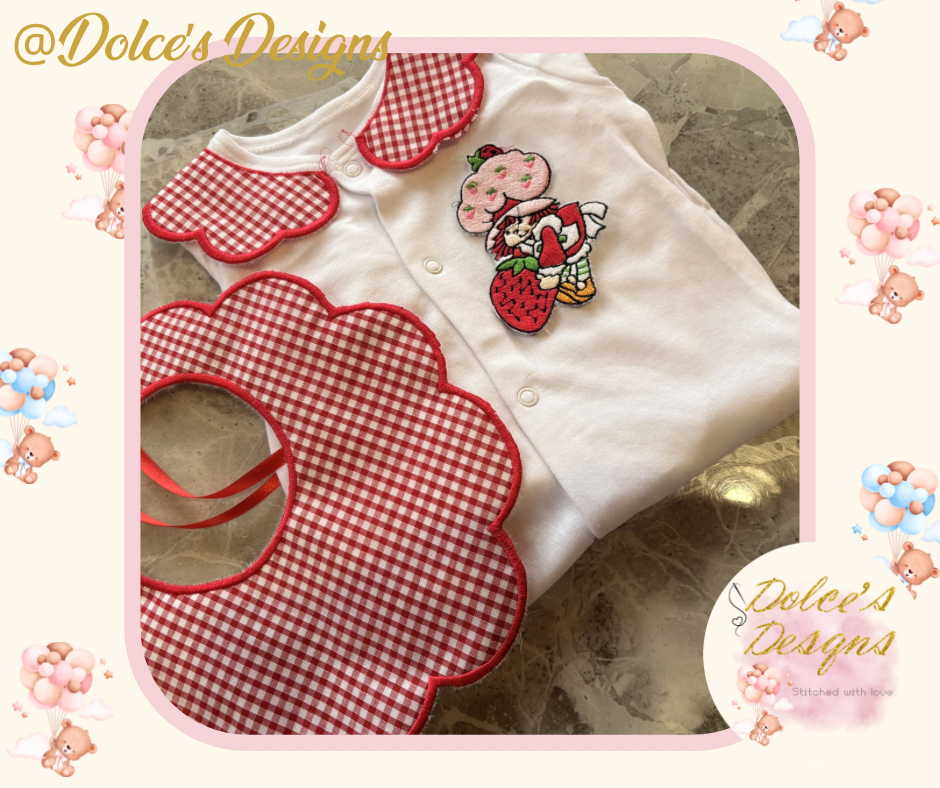 Strawberry Shortcake 2 Piece Baby Set – Gingham Scallop Bib & Embroidered Babygrow