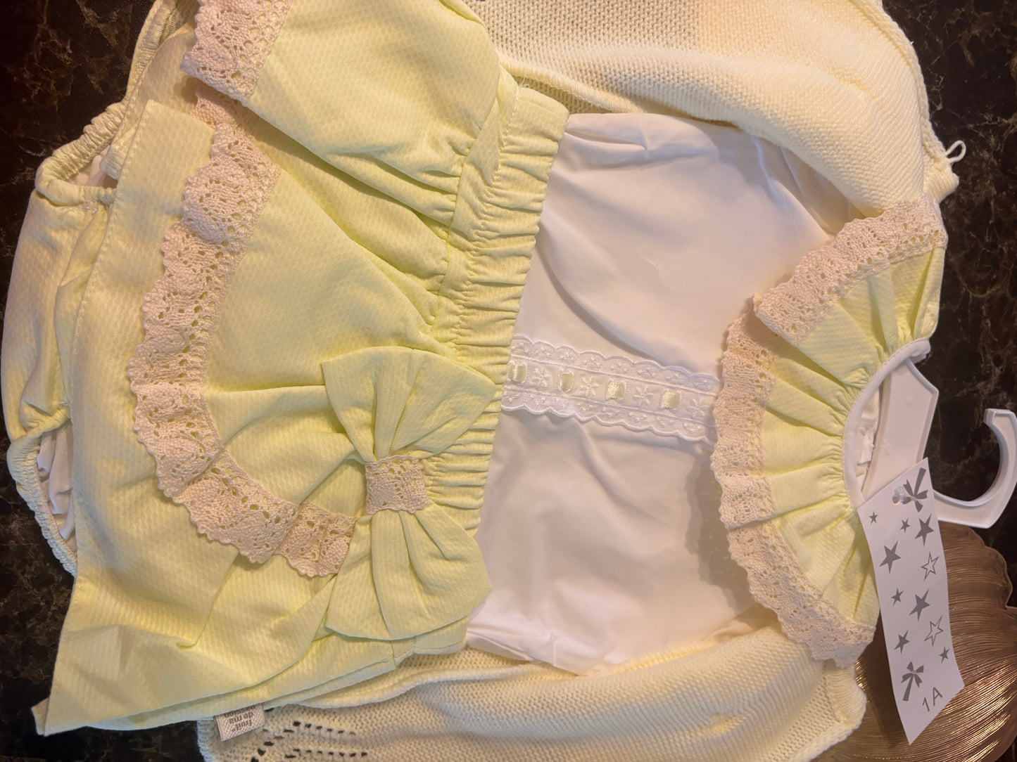 Spanish Boutique 3-Piece Baby Set – Lemon Lace Top, Bloomers & Cardigan