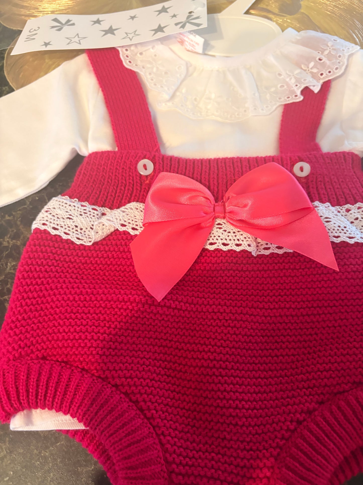 Spanish Knitted Baby Set – Pink Knit Pinafore & Lace Collar Top | 3–24 Months