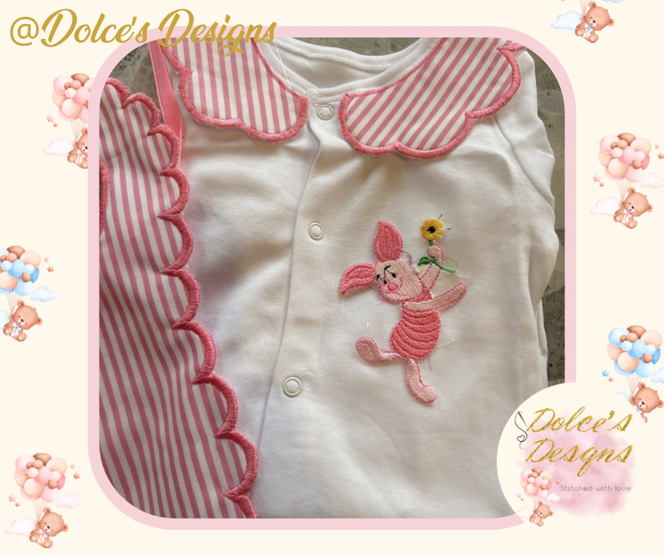 Piglet 2 Piece Baby Set – Scallop Bib & Embroidered Babygrow 🌸