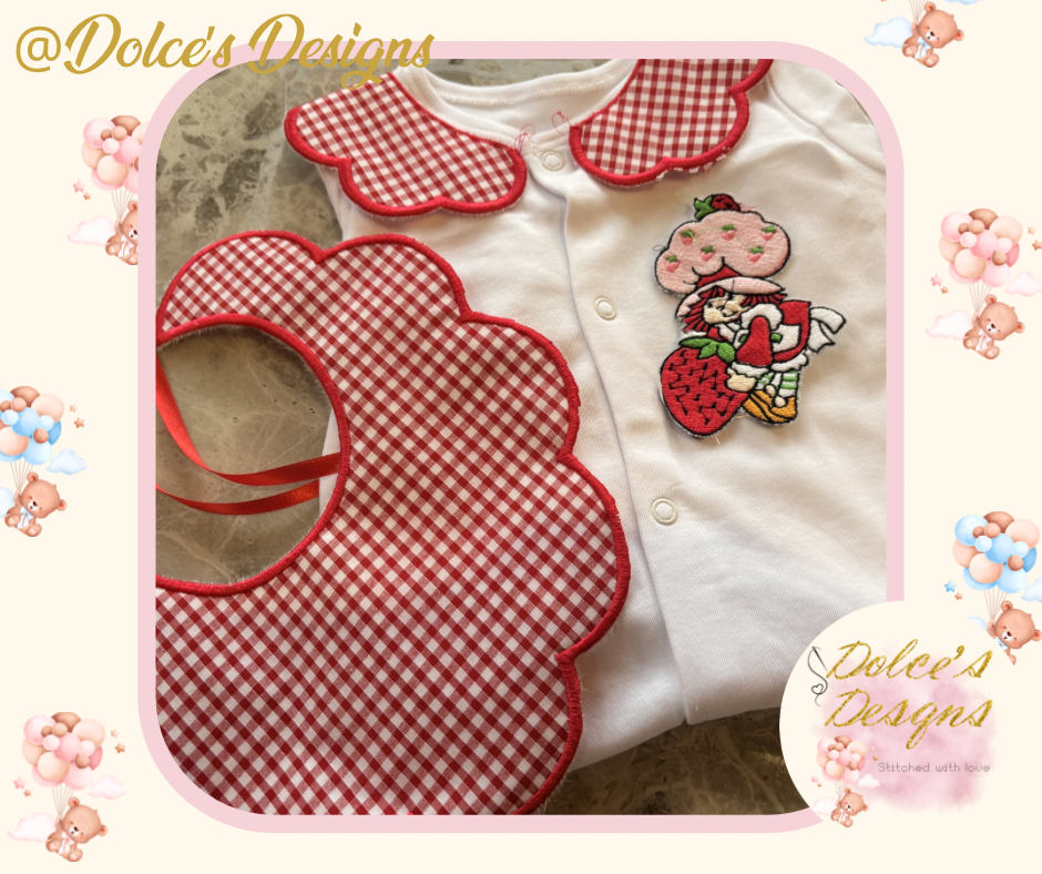 Strawberry Shortcake 2 Piece Baby Set – Gingham Scallop Bib & Embroidered Babygrow