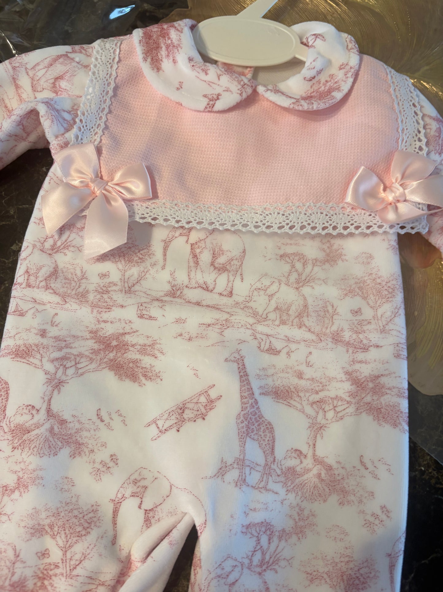 Luxury Velour Baby Grow – Pink Toile Print | 1–12 Months