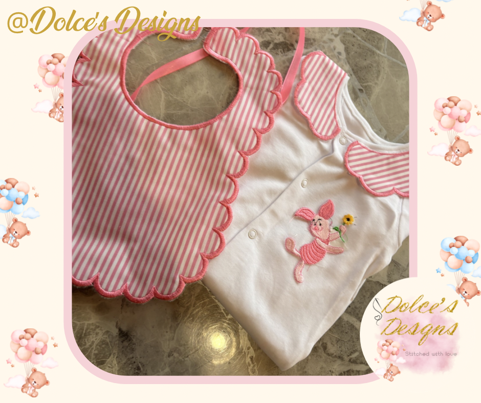 Piglet 2 Piece Baby Set – Scallop Bib & Embroidered Babygrow 🌸