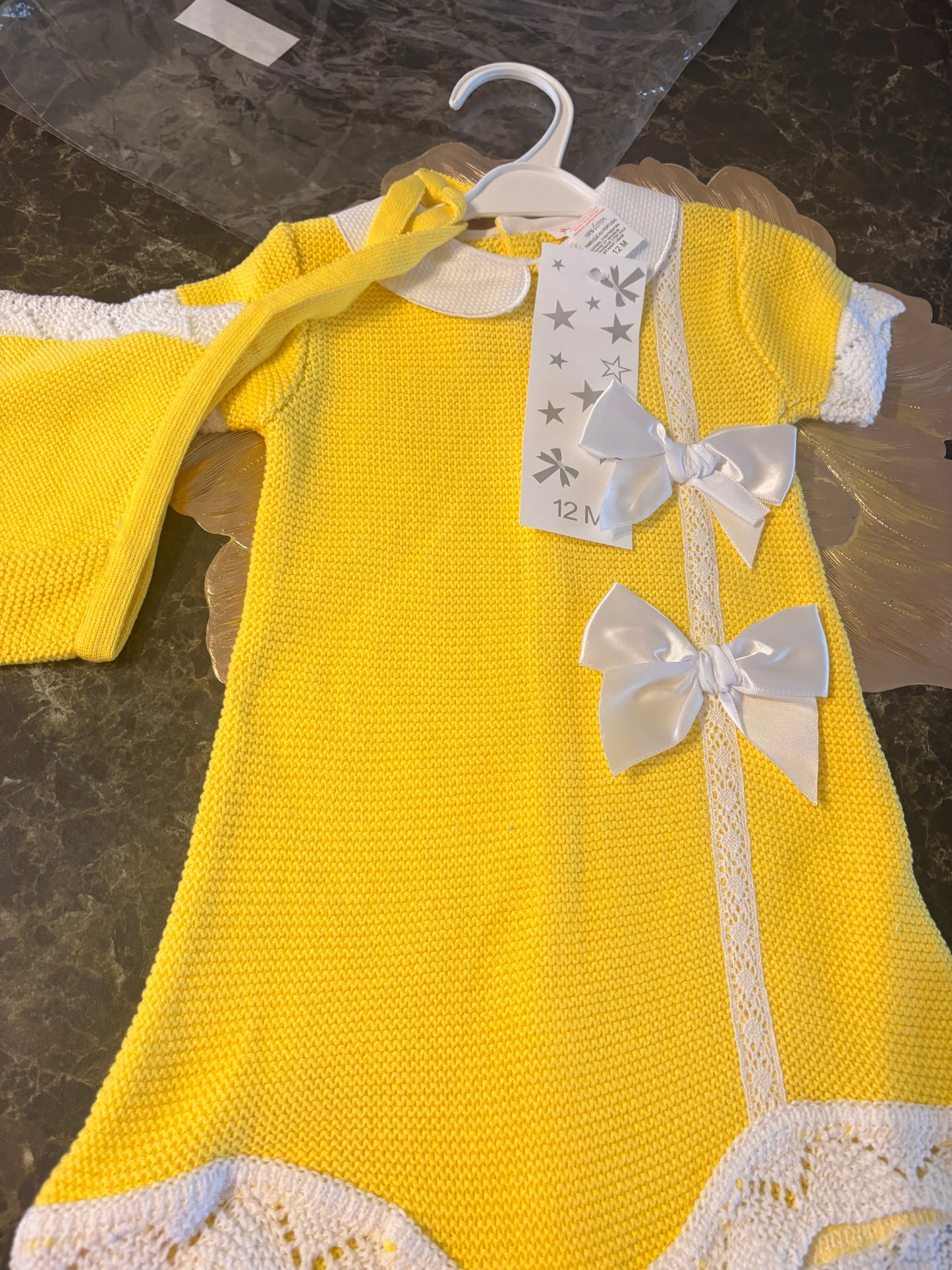 Spanish Knitted Dress & Bonnet Set – Sunshine Yellow