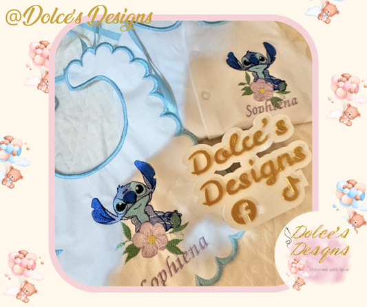 💙 Personalised Stitch 2 Piece Baby Set | Embroidered Babygrow & Bib