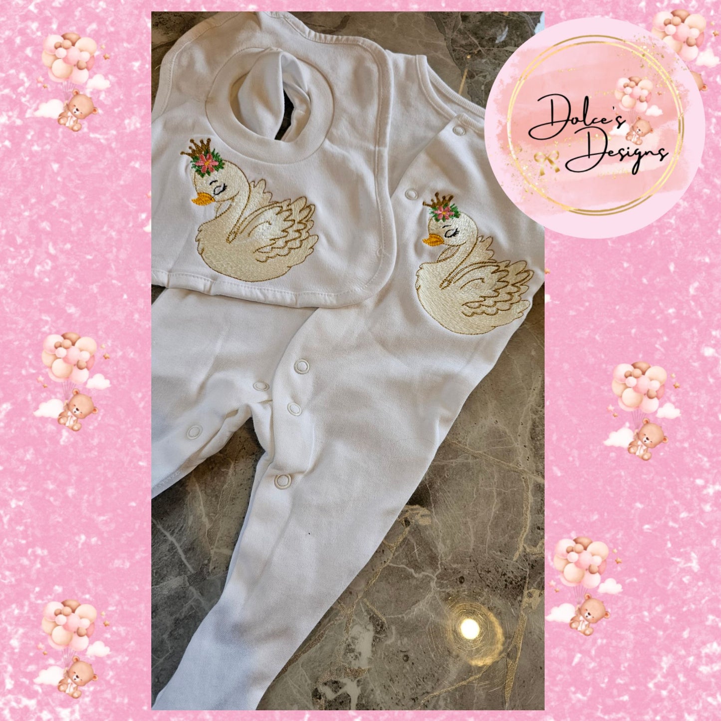 Swan Babygrow & Bib Set  IN STOCK/READY TO POST