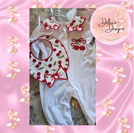 Cherry Bow Babygrow & Bib Set